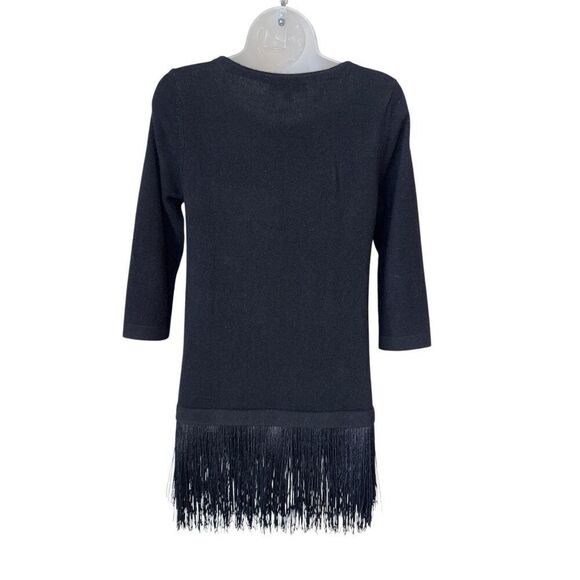 Neiman Marcus Black Cashmere 3/4 Sleeve Fringe Tunic Sweater - Picture 6 of 11